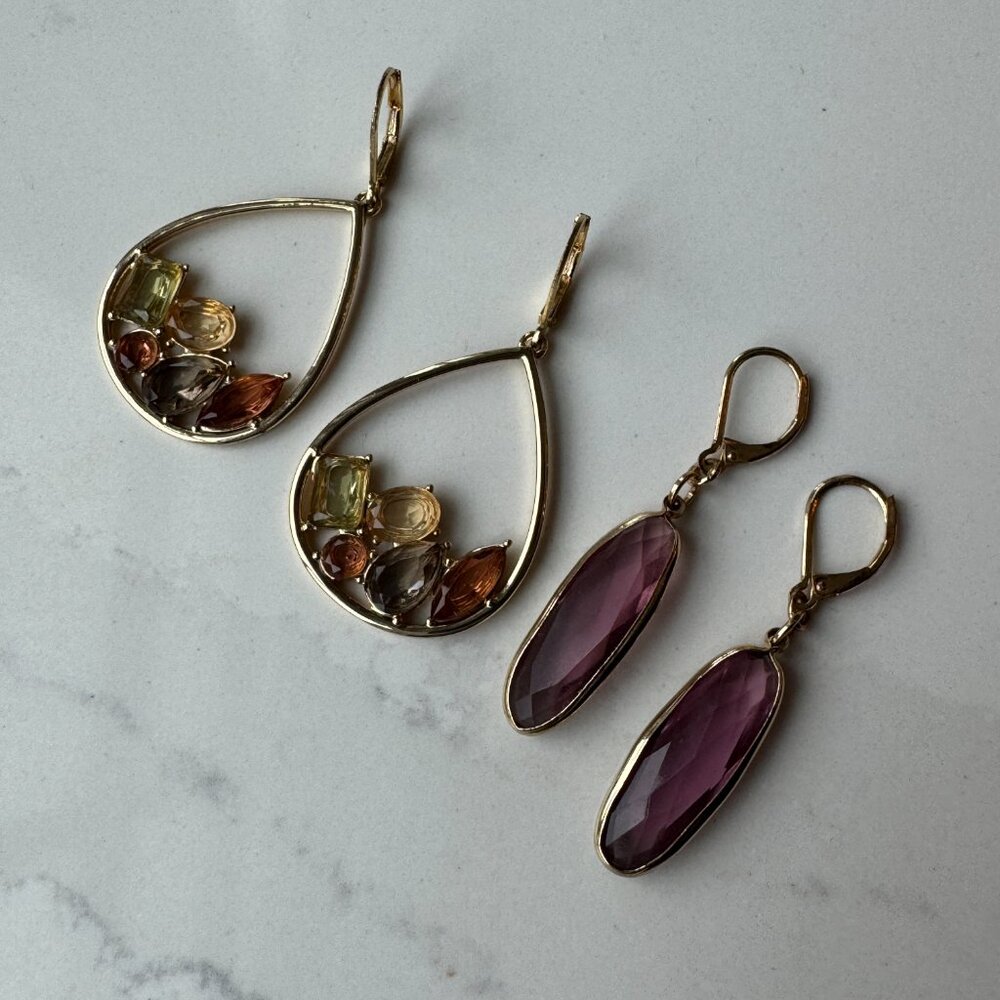 2 Anne Klein Gold-Tone Dangle Earrings – Teardrop Gem Cluster & Lavender Glass - Picture 14 of 14